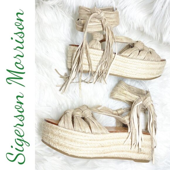 NWOB SIGERSON MORRISON COSIE Strappy Champagne Platform Wrap Sandal, Size 7 - Picture 1 of 16